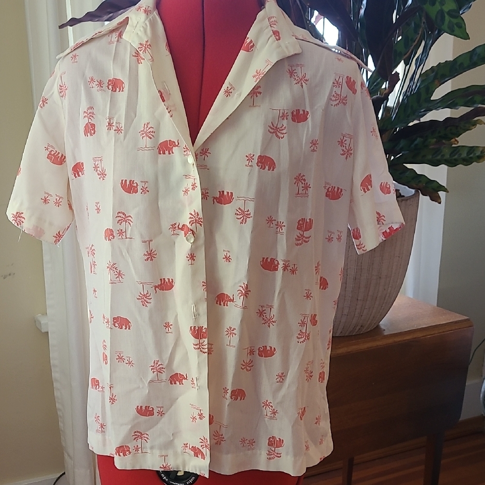 Casual White and Red Button Down Shirt with Flamingo Print